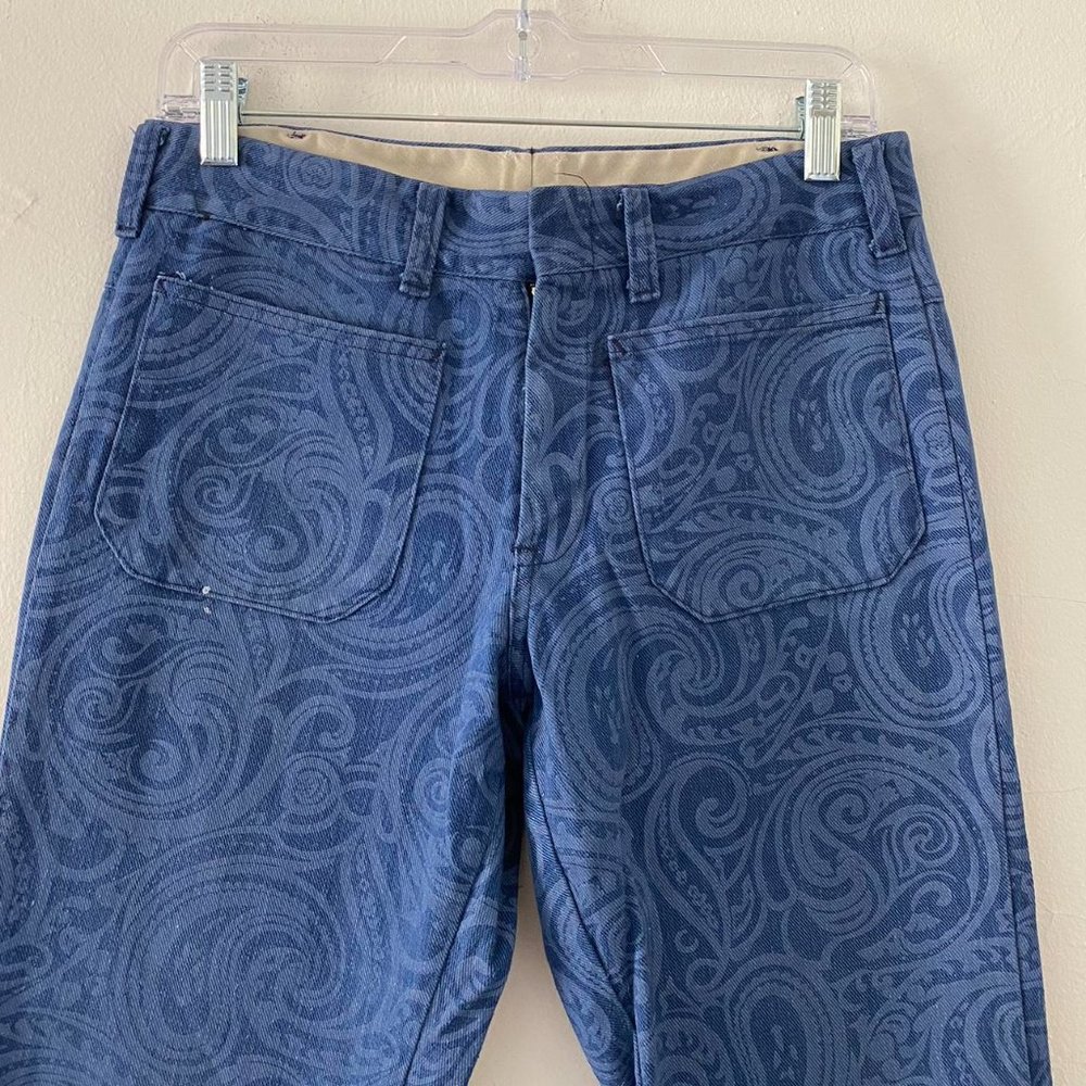 vintage 1970s paisley blue denim flared trousers